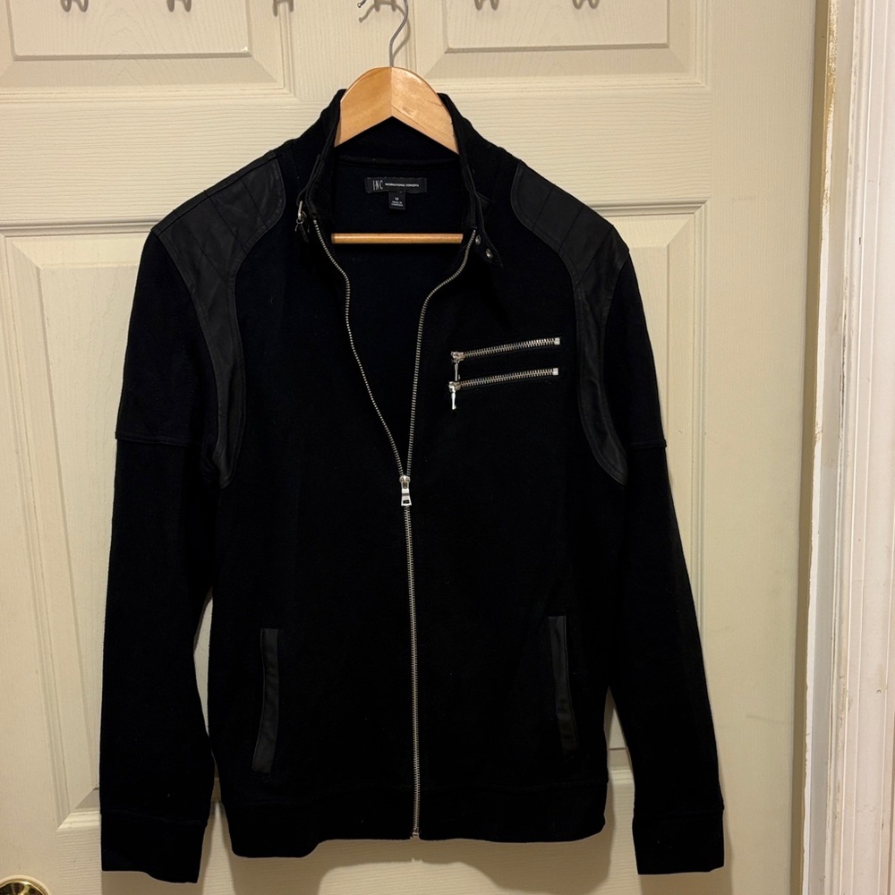 INC International Concepts Black Bomber Jacket with Zipper Accents